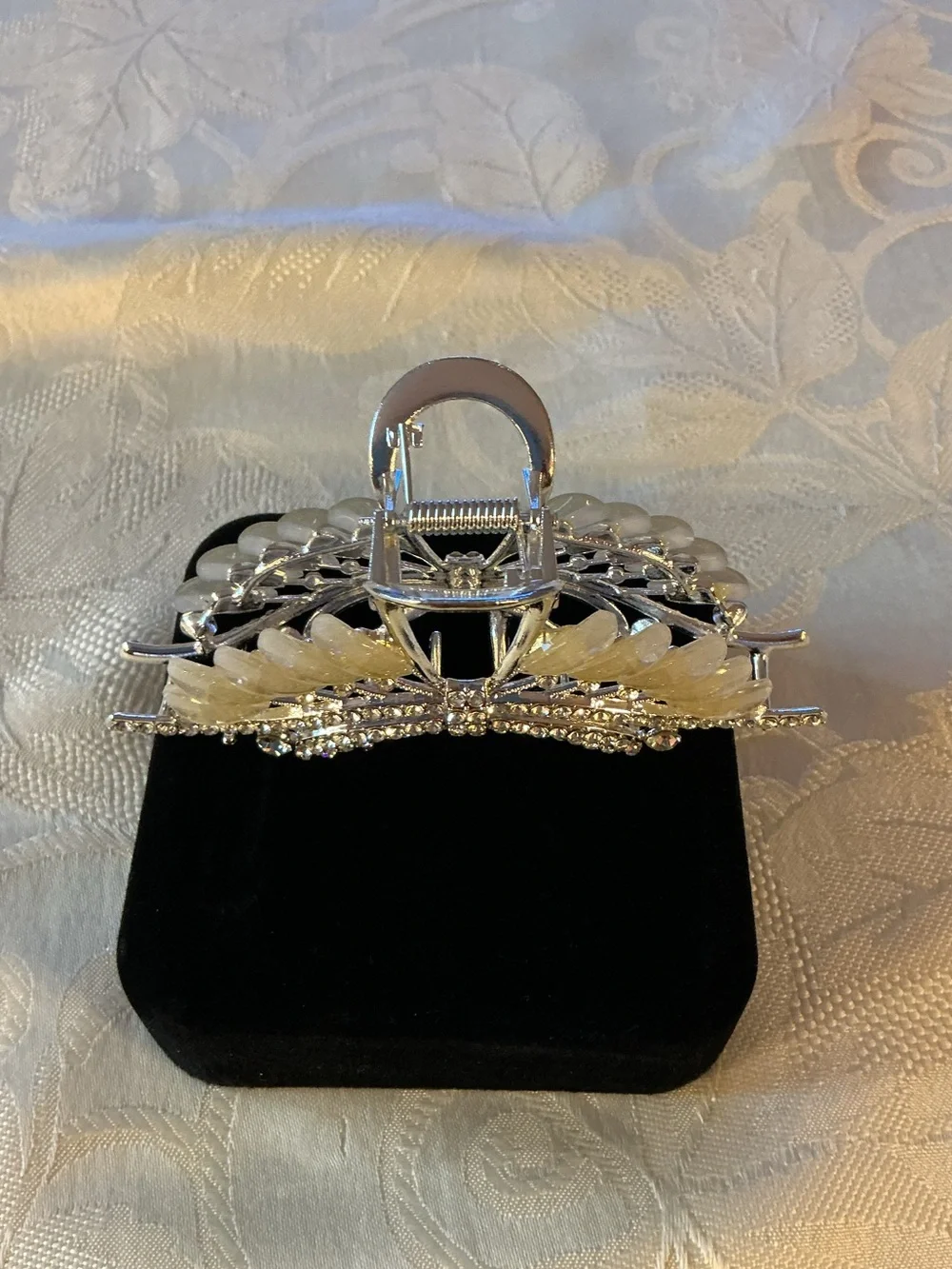Pearlescent Acrylic and Rhinestone Silver Tone Decorative Claw Clip